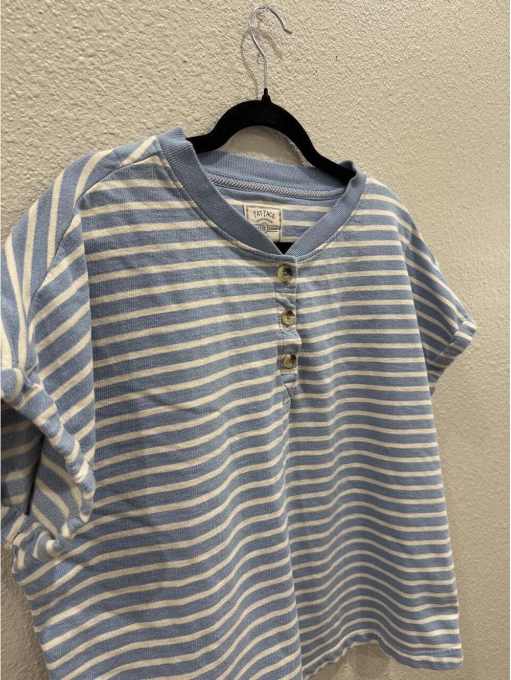 FatFace Light Blue and White Striped Henley Top – Medium